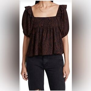 En Saison Brown Black Puff Sleeve Tie Back Babydoll Top Xs